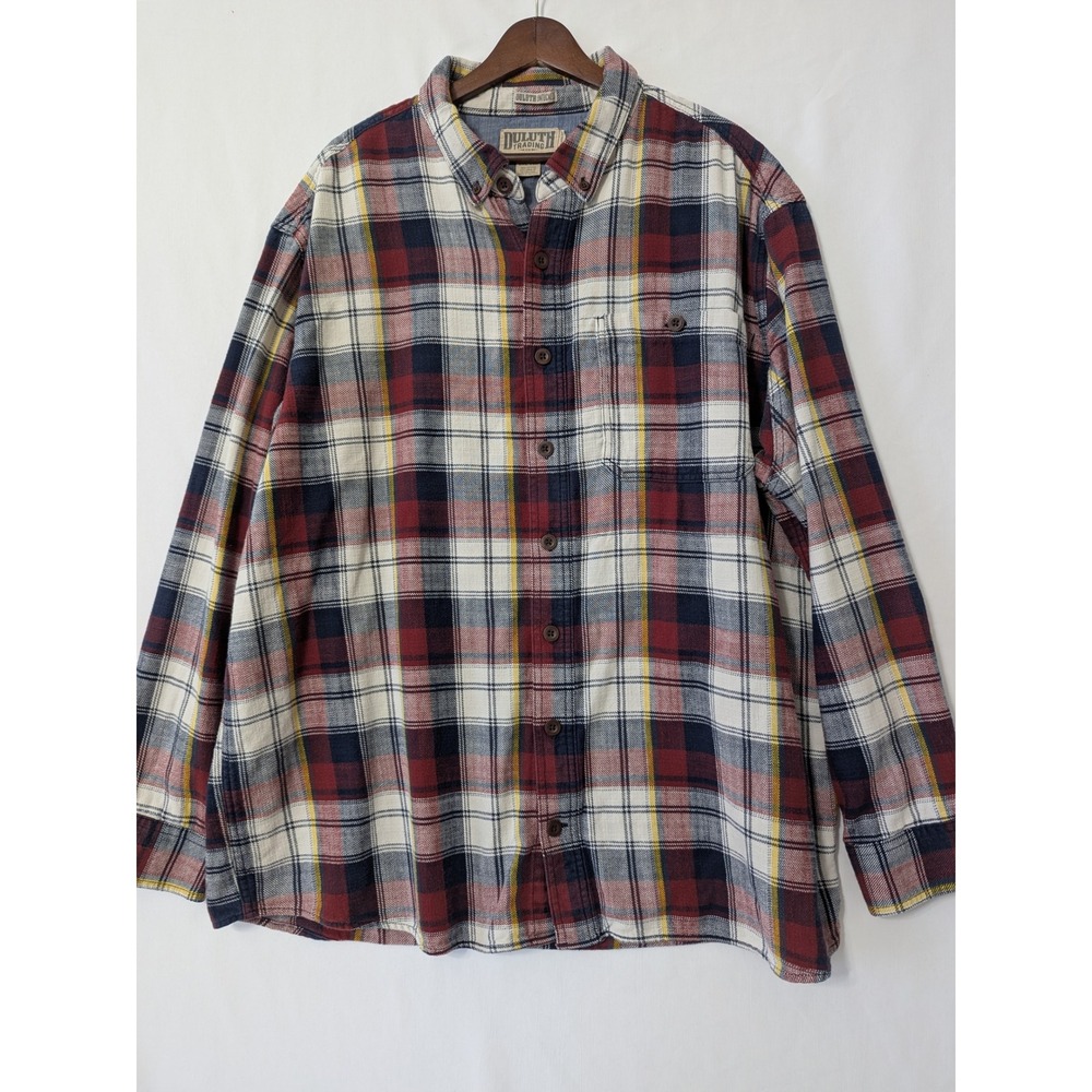 Duluth Untucked Mens 2XL Tall Flannel Shirt Relaxed Fit Red Blue Plaid Work Wear